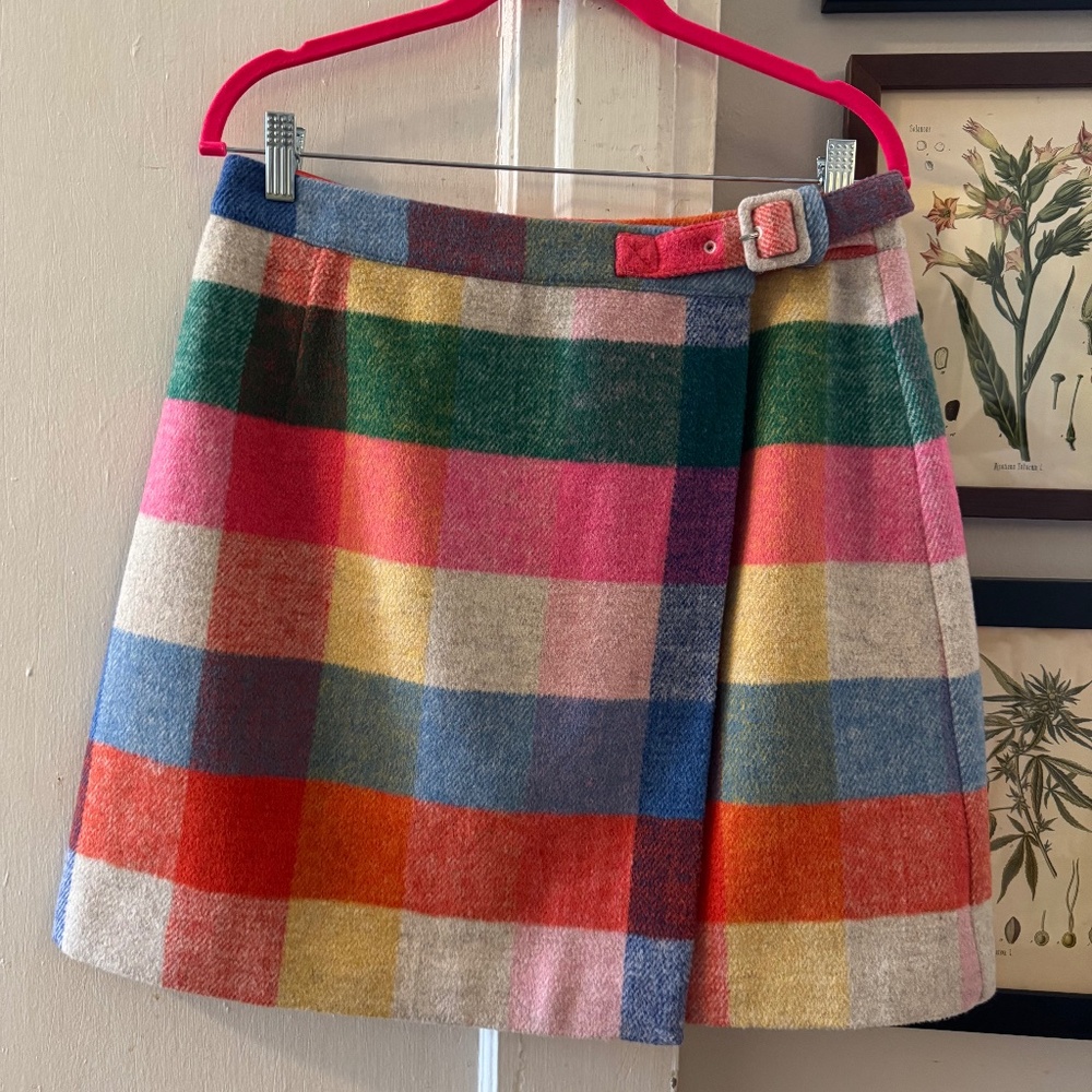 NWOT Boden Wool Neon Rainbow Plaid Wrap Mini-Skirt